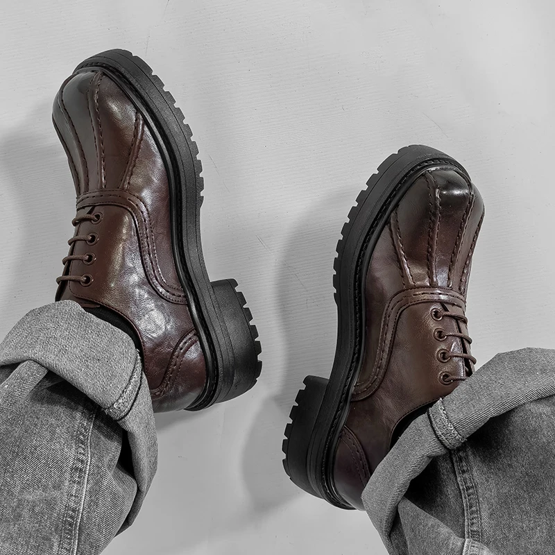 

Men's Fashion Genuine Leather British Style Thick Bottom Work Shoes Classic Lace Up Comfortable Anti Slip Big Head Leather Shoes