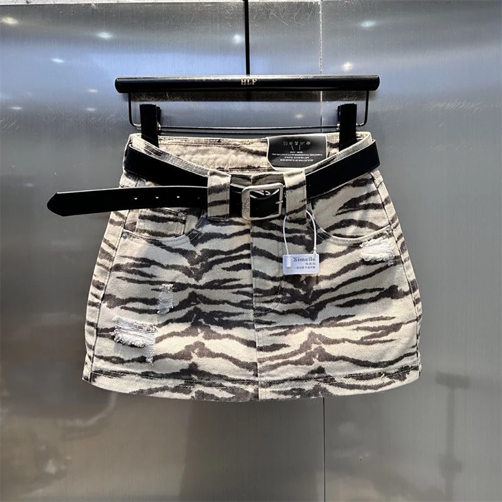 2026 Summer Women Zebra Pattern Denim Skirts Trendy High Waist A-line Mini Skirt Y2K Distressed Holes Jean Skirts Streetwear