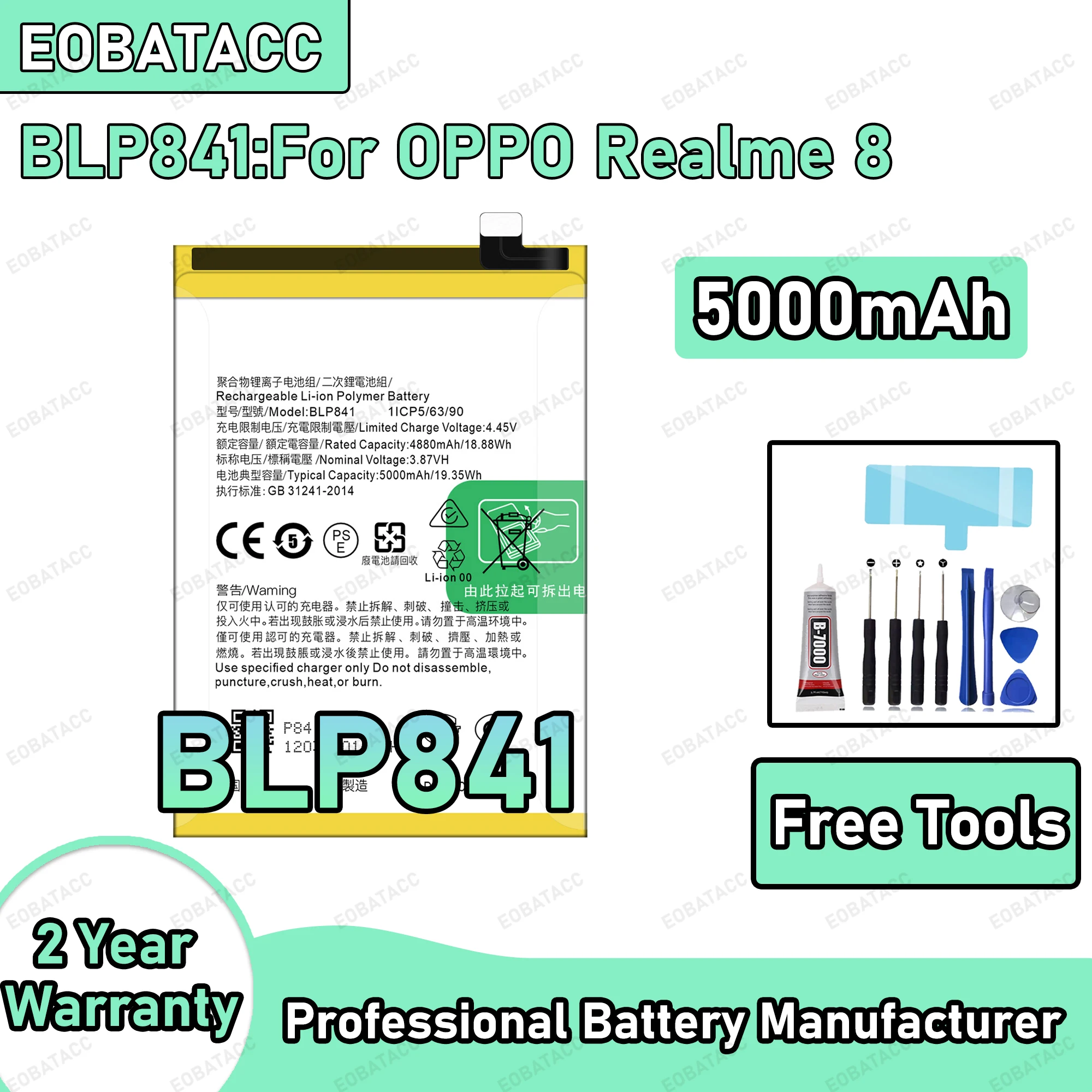 

5000mAh 100% New BLP841 Battery For OPPO Realme 8 Replacement Bateria+Free Tools