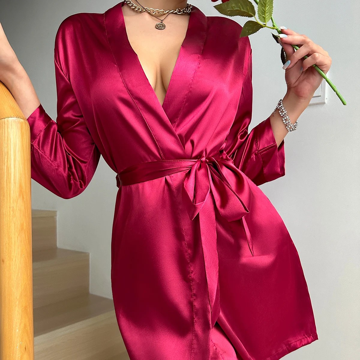 Pajamas women summer European and American ladies lace-up bathrobe sexy morning gown home dress can wear ice silk robe