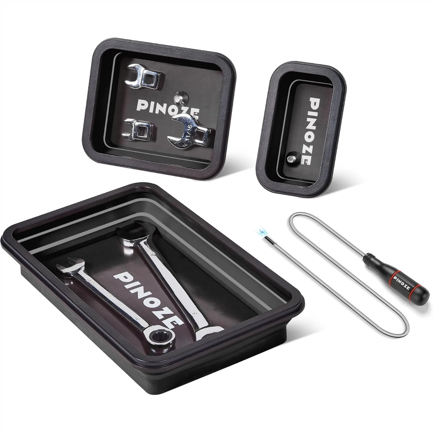 

Collapsible Magnetic Parts Organizer Trays & 12" Flexible Pickup Tool, 3 Sizes Magnet Trays for Screws Bolts Nuts Washers