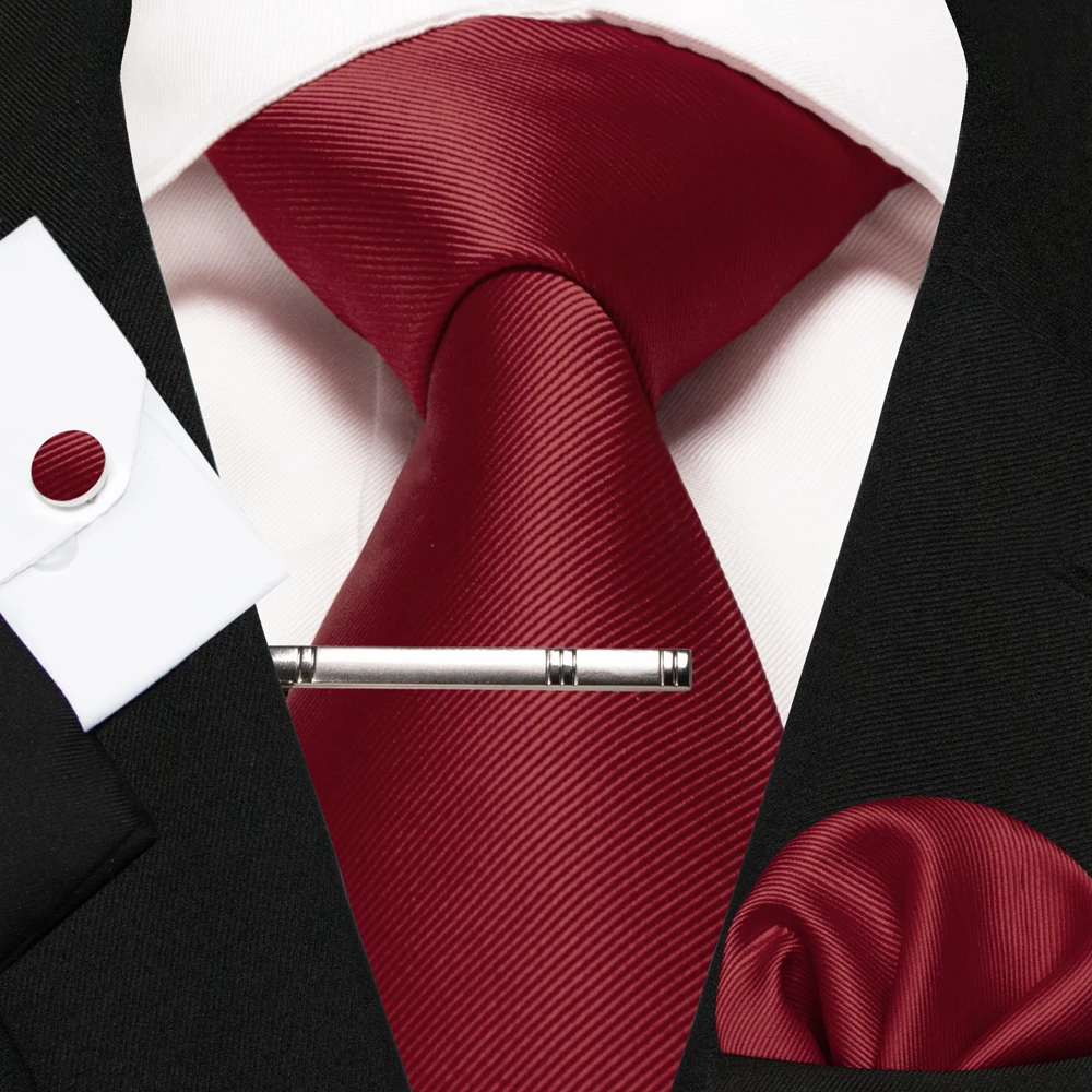 Klassische Seidenkrawatte für Herren in Rot, Blau, Grün, Business-Hochzeitskrawatte für Männer, Set mit Einstecktuch und Manschettenknöpfen, Geschenk für den Bräutigam – Detail 11