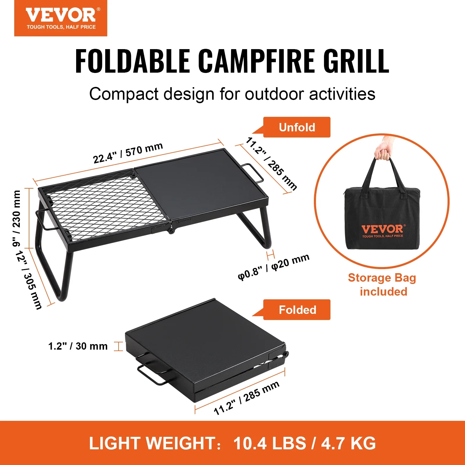 VEVOR Folding Campfire Grill,Portable Camping Grates Camp Fire Cooking Equipment with Legs Carrying Bag for Outdoor BBQ Cooking