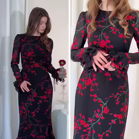 Women's Evening Dresses Summer New Printed French Floral Slim-fitting Retro White Dress for Women