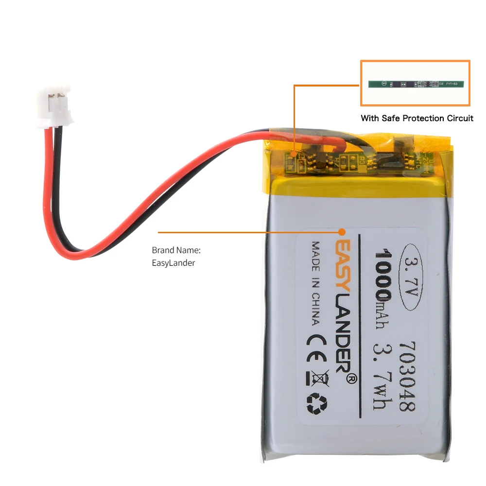 JST2.0 2P 3.7V 703048 1000mAh Lithium Polymer Rechargeable Battery for Early Education Machine PS4 controller