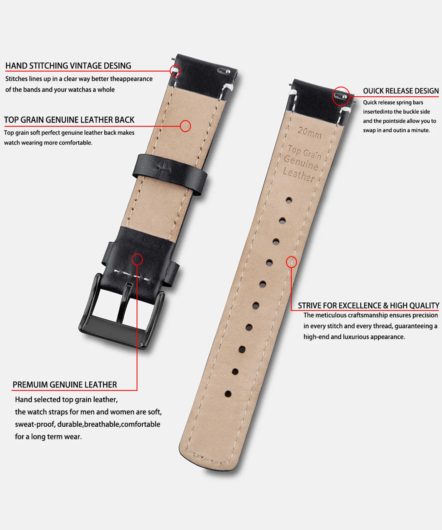 Top Grain Echtleder-Uhrenarmband, Schnellverschluss 20 mm/22 mm Uhrenarmband, passend für Samsung Galaxy Watch, Herren- und Damen-Uhrenarmband – Detail 15