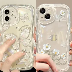 Clear Butterfly Flower Cream Wavy Edge Phone Case for Iphone 16 Pro Max 11 12 13 14 15 Pro Max XR XS X 13 Mini 16 Plus TPU Cover