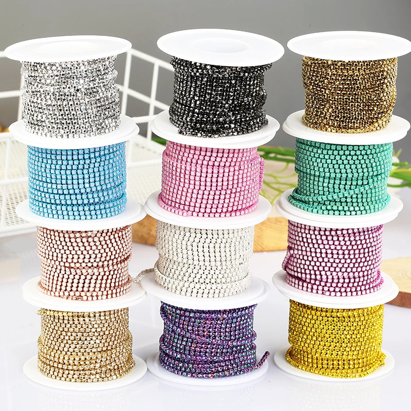 SS6 2mm 1 yard Pink /Green/Blue Opal Glass Rhinestone Cup Chain Glitter Crystal Rhinestone Trim For DIY Wedding Dress Decoration