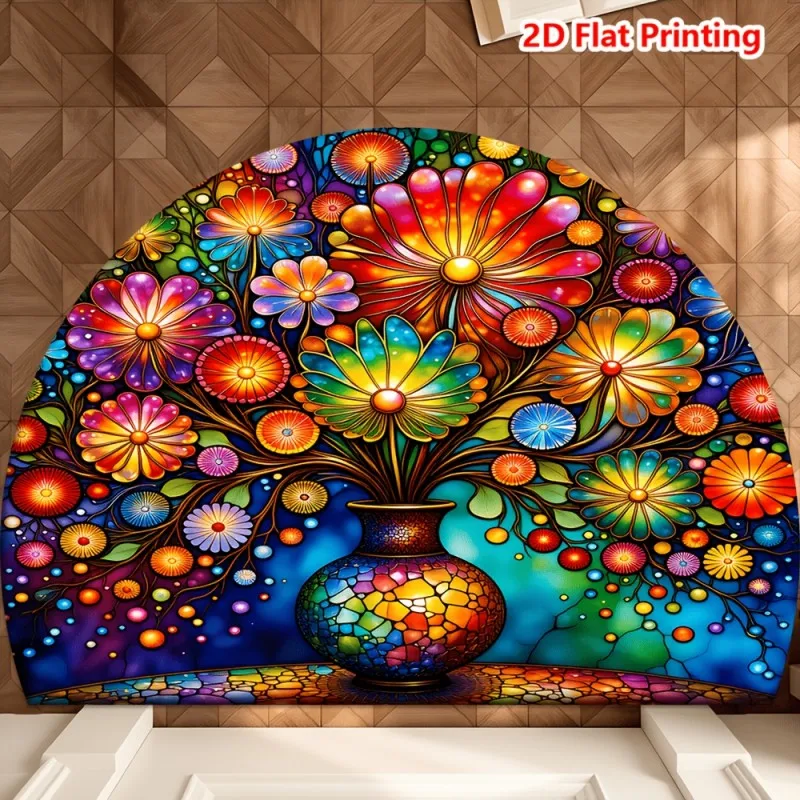 Stained Glass Floral Vase Semicircle Doormat Mosaic Style Flower Print Non Slip Floor Mat for Artistic and Vibrant Home Decor