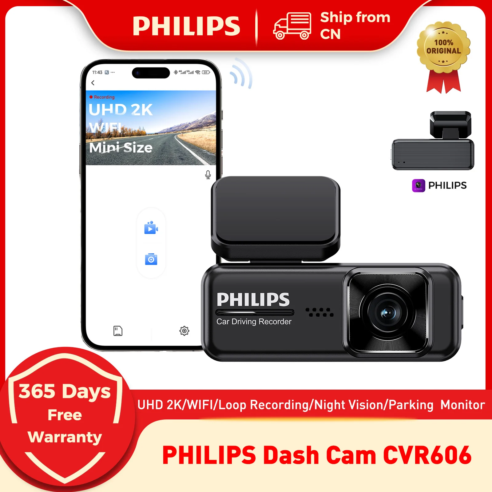 Câmera Veicular PHILIPS 2K Dash Cam Frontal UHD WiFi com Modo de Estacionamento 24H, DVR com Visão Noturna e Gravador de Vídeo 140 °   Câmera Veicular FOV Auto