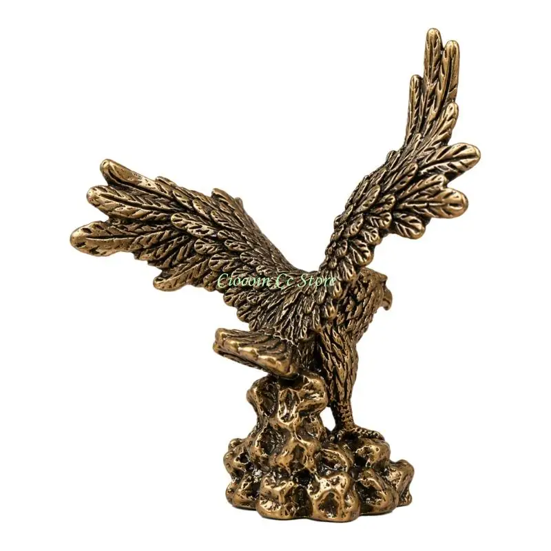 X90F Study Shelf Bird Statue with Open-Wing Form, Aged Metal Appearance, and Rock Base for Desk, Indoor Display, Gift Giving