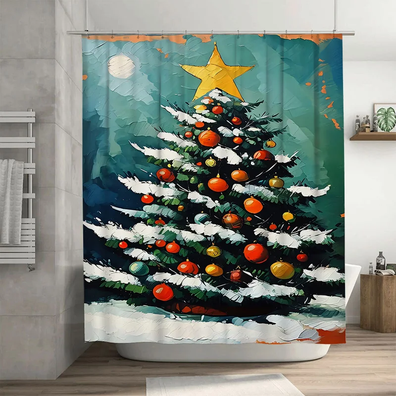 

TuniuFestive Christmas Tree Shower Curtain Winter Wonderland Forest Holiday Decor Cozy Bathroom Set