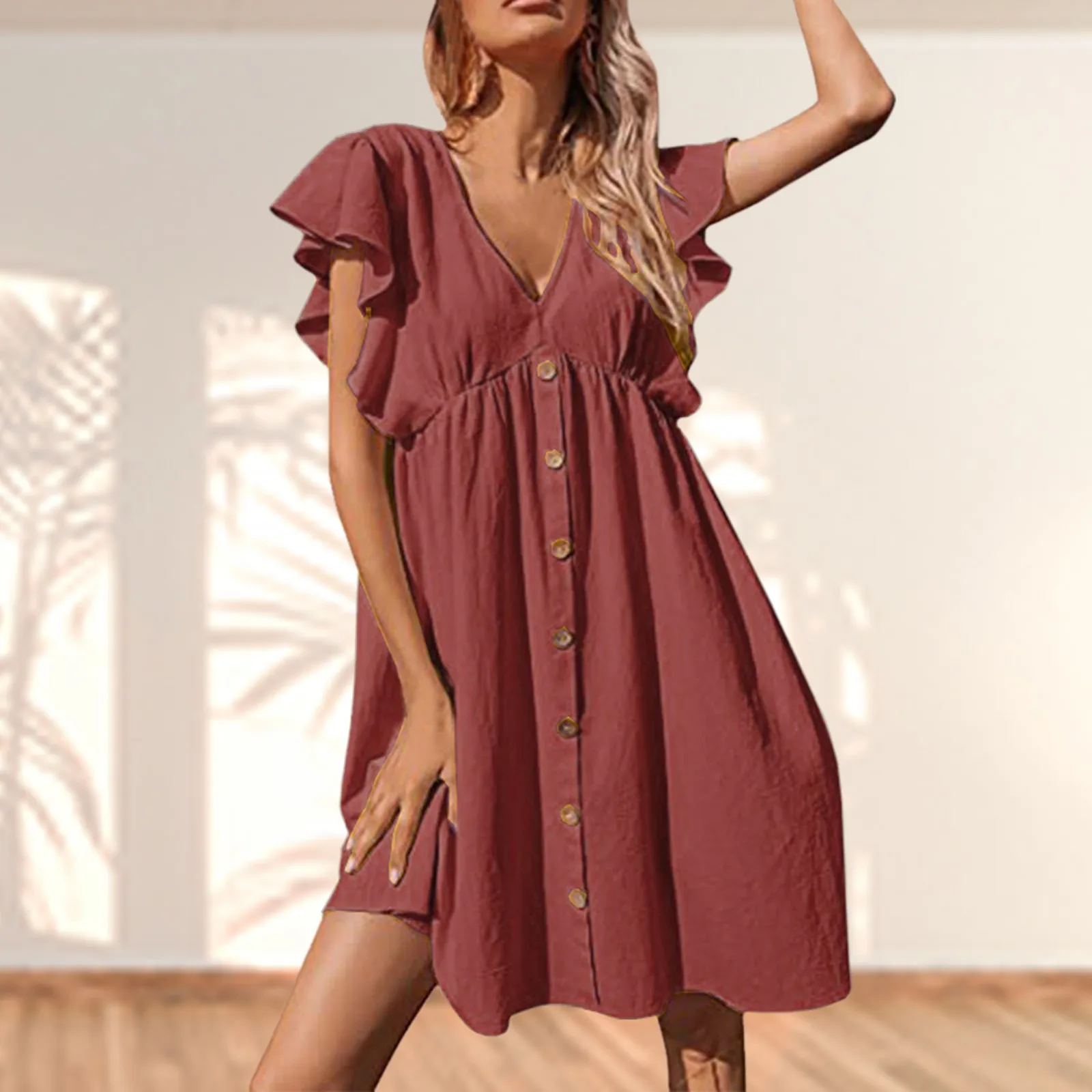 

Elegant Women Cotton Dresses V-Neck Button A-Line High Street Ruffled Sleeveless Casual Holiday Beach 2024 Vestido Feminino