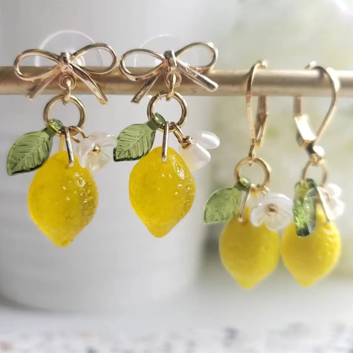 Obega Yellow Lemon Flower Leaf Hook Earrings Sweet Chic Simple Style Furit Drop Fish Hook Earrings Rural Style Jewelry Gift