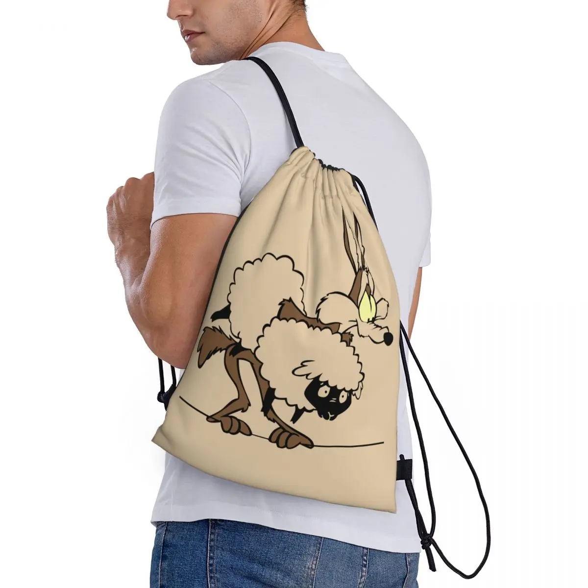 Custom Wile E. Coyote And The Road Runner Cartoon Drawstring Bag for Shopping Yoga Backpacks Men Women Sports Gym Sackpack