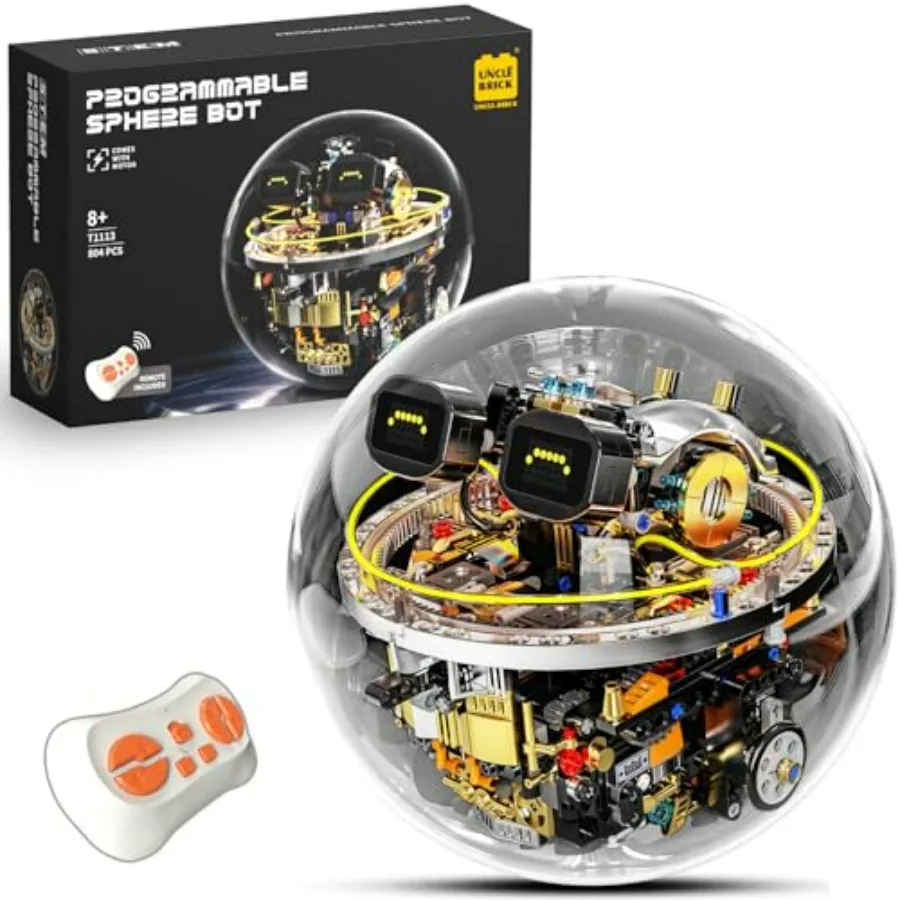 Transparent Spherical Robot Building Block Set for Ages 8-13 Programmable Remote-Controlled STEM Toy with LED Expression Displa