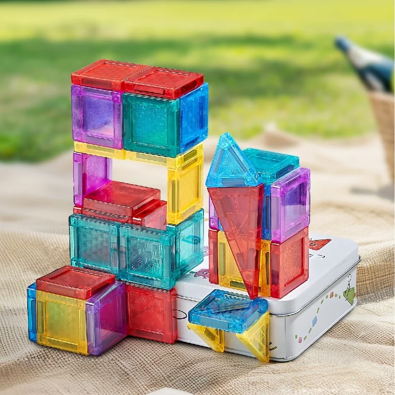 

Kids Mini Magnetic Tiles Portable Magnetic Toys Travel Set with Iron Case Ages 4-8 Creativity Boosting Brain Puzzle Gift 56Pcs
