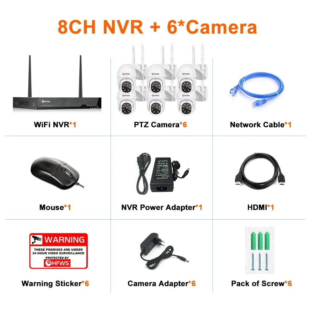 ชุดกล้องวงจรปิดระบบมองเห็นกลางคืน 6 ตัว พร้อมชุด NVR แบบไร้สาย 8 ช่อง ระบบกล้องวงจรปิดรักษาความปลอดภัย