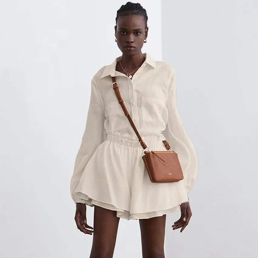 European And American Fashion Women's Shirt Ruffle Shorts 2-Piece Casual Fashion Set
