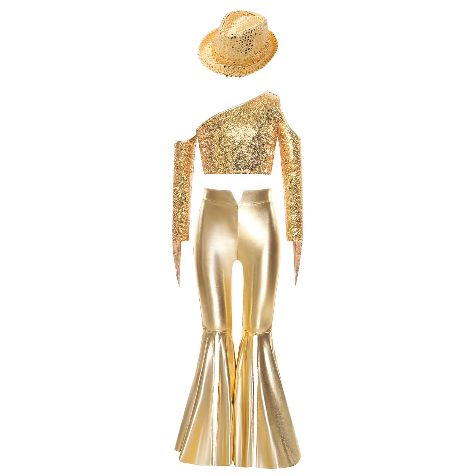 キッズガールズディスコジャズダンスコスチュームワンショルダースパンコールトップ+スプリットベルボトムパンツ+帽子ページェントセットベリーダンスパフォーマンス用