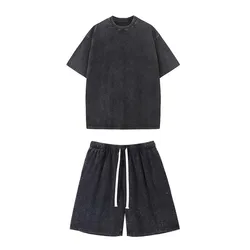 Washed and aged short-sleeved T-shirt and shorts set. Unisex. European size. Stir-fried snowflake design. Summer top set.