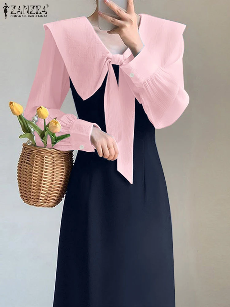 ZANZEA French Peter-pan Collar Bowknot Party Dress Trendy Color-Blocked Long Sleeve Midi Dresses 2025 Spring Elegant Vestidos