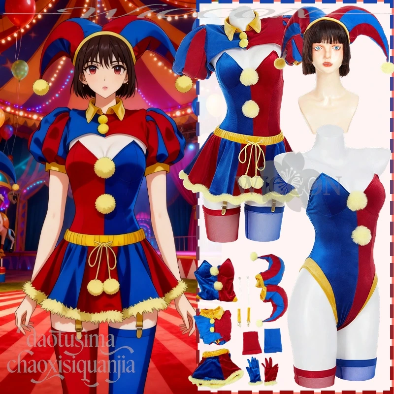 

Clown Girl Red And Blue Bikini Mini Dress Stockings Horror Hat Anime Jirai Kei 2025 Halloween Christmas Activities Party Cosplay