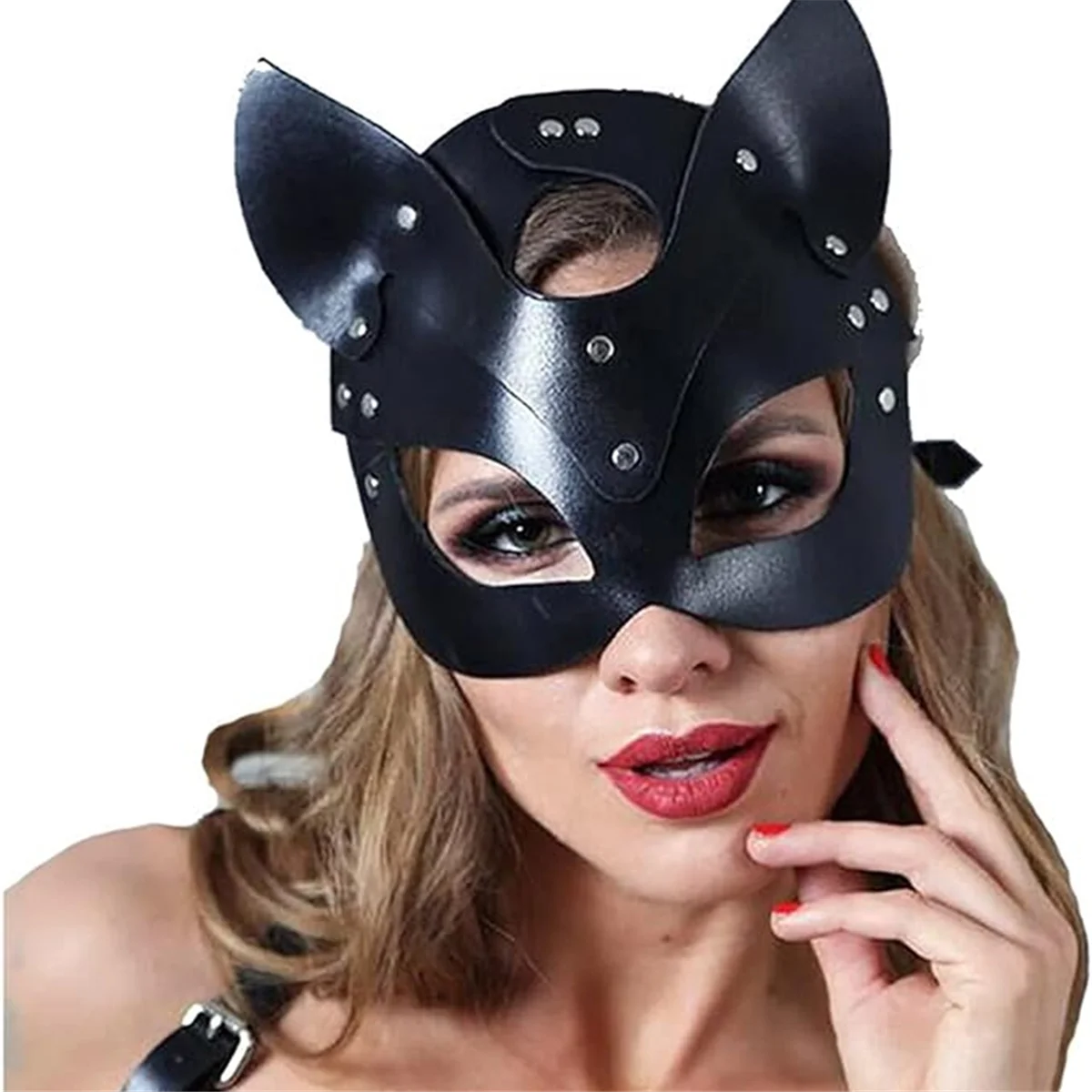 Máscara de gato de media cara para mujer, máscara de gato de cuero, orejas, accesorio de disfraz de Cosplay, negro