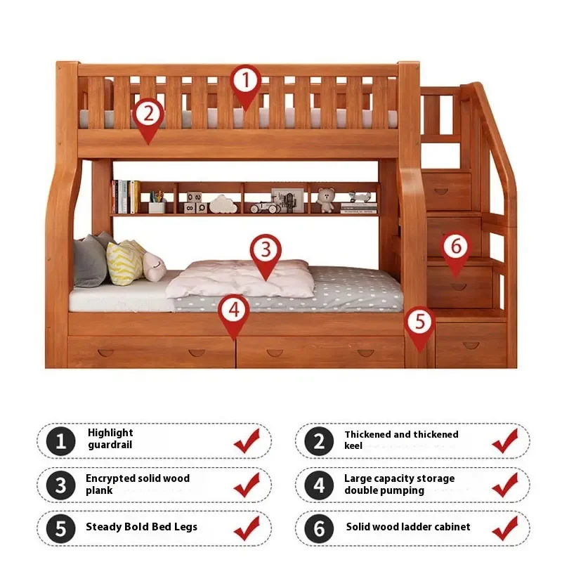 SeaMind Morden Doppeldecker-Etagenbett aus massivem Kiefernholz, hohes, niedriges Mutter-Kind-Bett, oberer/unterer Schlaf, zweilagiger Kleiderschrank, Babybetten