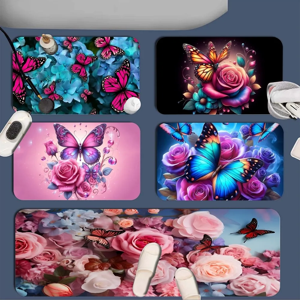 

Butterfly Rose Flower Floor Mat Graphic Printed Flannel Doormats For Bathroom Kitchen Entrance Carpet Home Decor