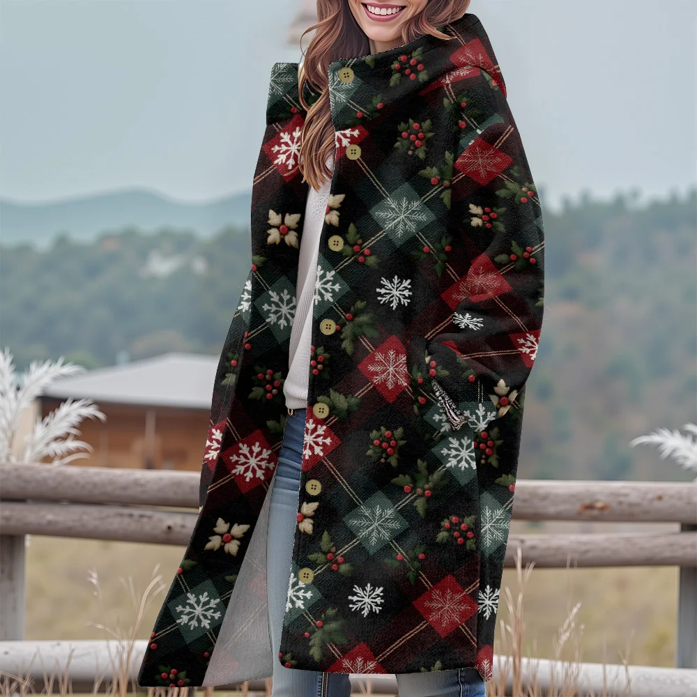 

Праздничный красный плащ с капюшоном и флисовой зимней одеждой с принтом сосновой шишки и снежинок на Рождество, уютная праздничная одежда для дома, верхняя одежда