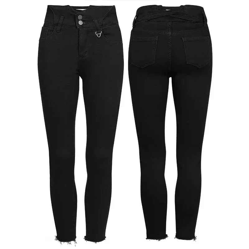 PUNK RAVE Women's Punk Daily High Waist Slim Tight Fit Denim Pants with Back Crossed Straps Black Trousers Spring/Autumn