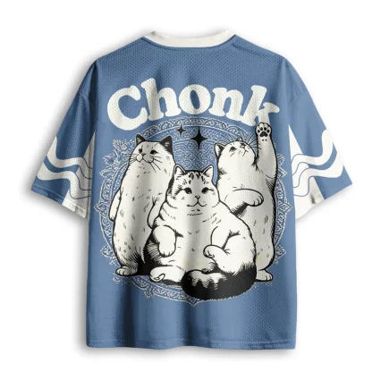 Chonk Three Fat Cats Art Print Men V Neck Mesh Jersey Cute Animal Streetwear Short Sleeve Top