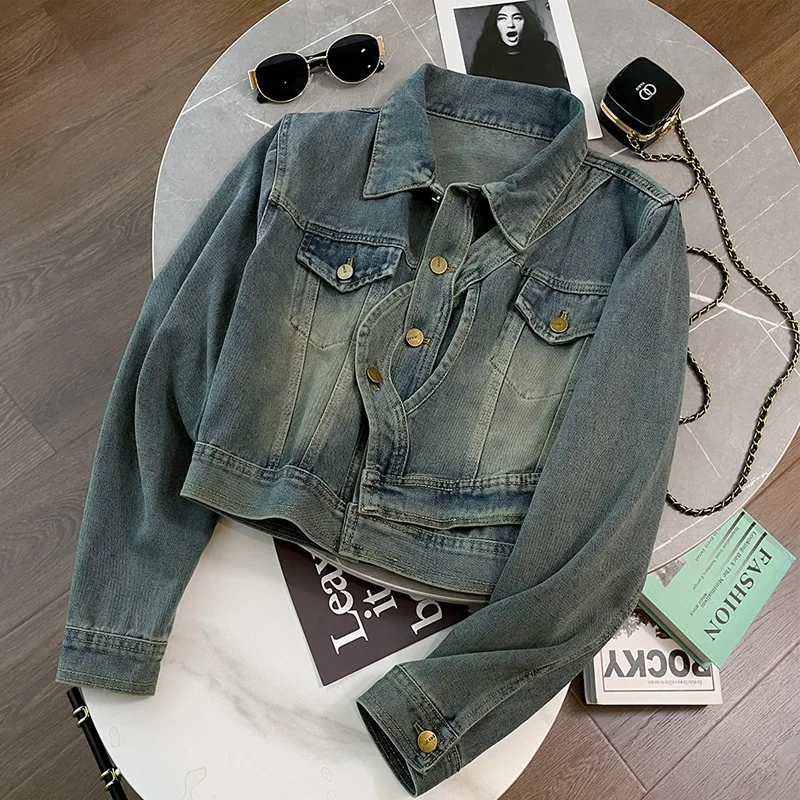 Women's Vintage Denim Short Jackets Mill White Do-old Irregular Placket Jeans Coats Streetwear Girl Loose Outerwear Casual Tops