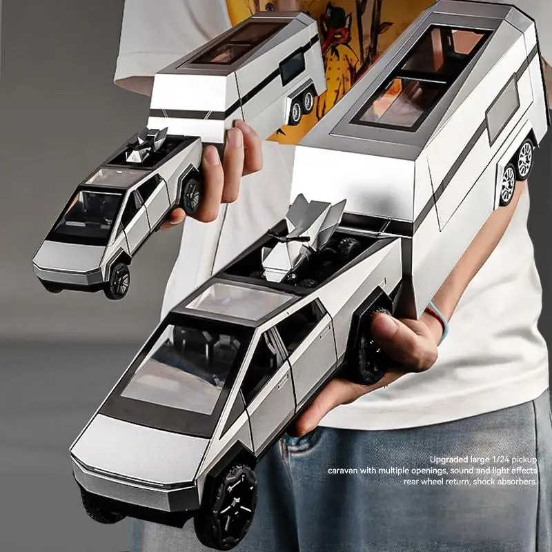 Remolque de camioneta Cybertruck RV, juguetes de aleación de Metal, modelo de coche fundido a presión, vehículo todoterreno, regalo para niños, colección de adornos de camiones