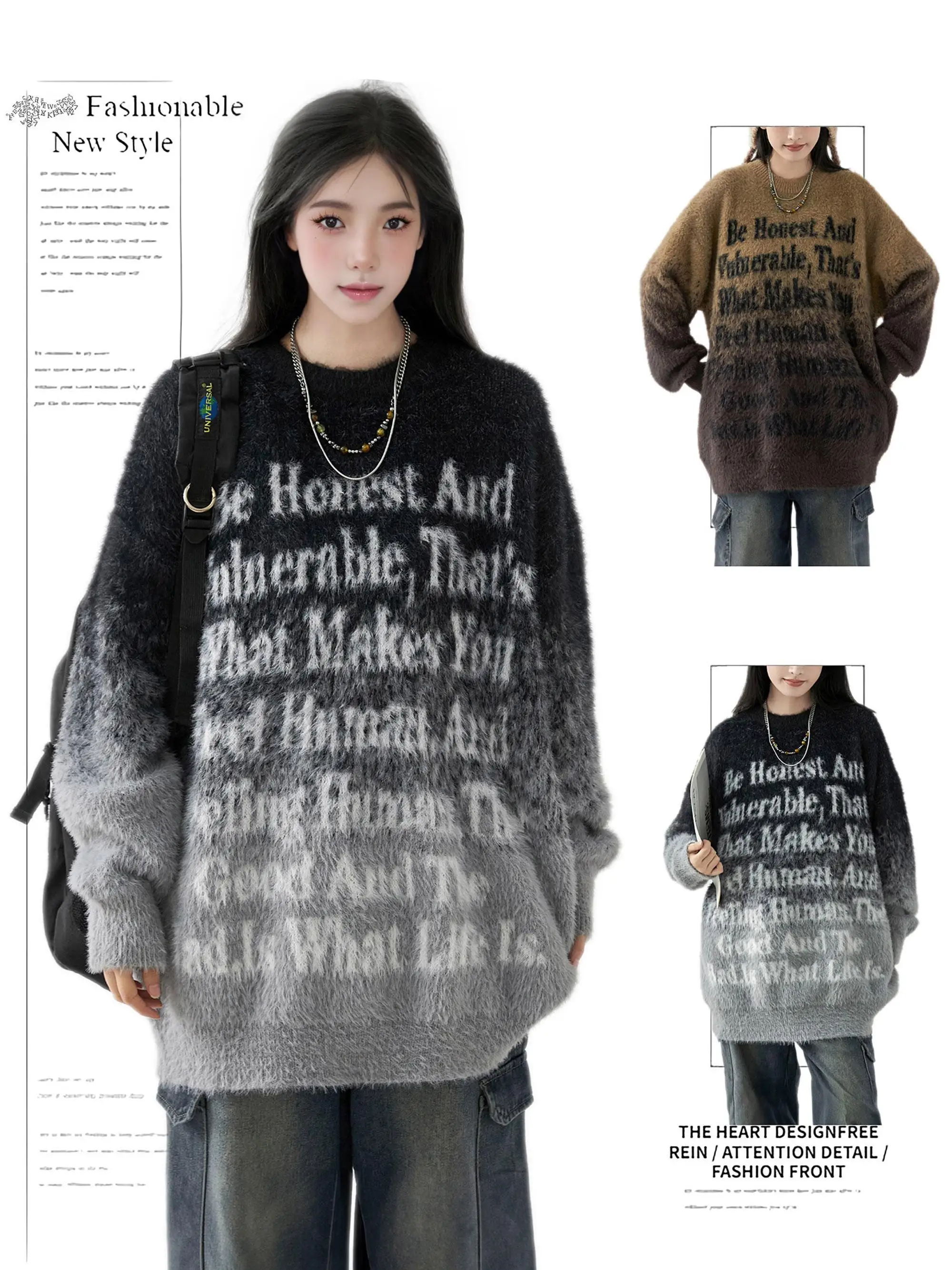 

Women's Pullover Mohair Sweater 90s Aesthetic Y2k Vintage Long Sleeves O-Neck Knitted Jumper Sweaters 2000s Clothes 2025