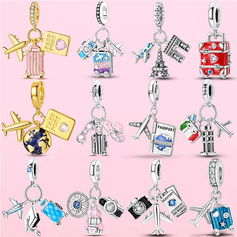 

Travel Series Charms 925 Silver Plane Camera Paris Suitcase Pendants Fit Original 3mm Woman Bracelet Necklace DIY Jewelry Making