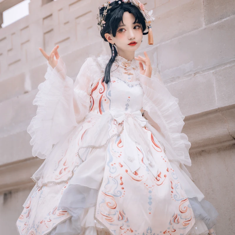 Stile cinese Jsk Lolita Sweet Girl Cosplay splendida stampa Cloud Pearl Lace Ruffled Mesh Bow Flower Ribbon Halter Dress