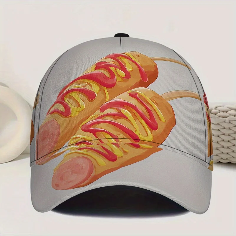 Corn Dog Print Baseball Cap Featuring Sauces a Full-Body Snapback Hat with a Striking And Colorful Design Perfect for Outdoor