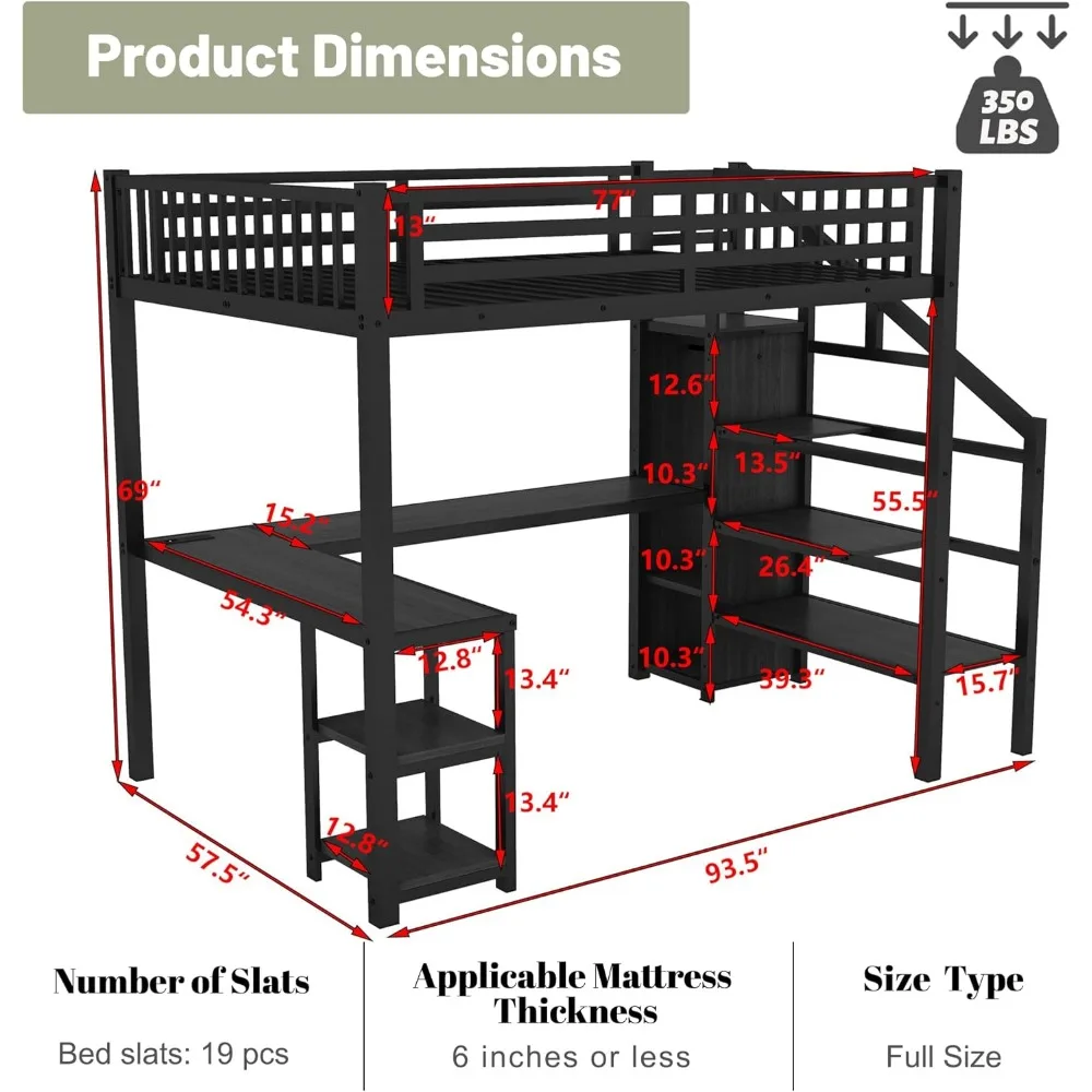 Full Size Loft Bed with Stairs and Desk, Metal Loft Bed with LED Light,  Bed Frame with Storage Shelves and Charging Station