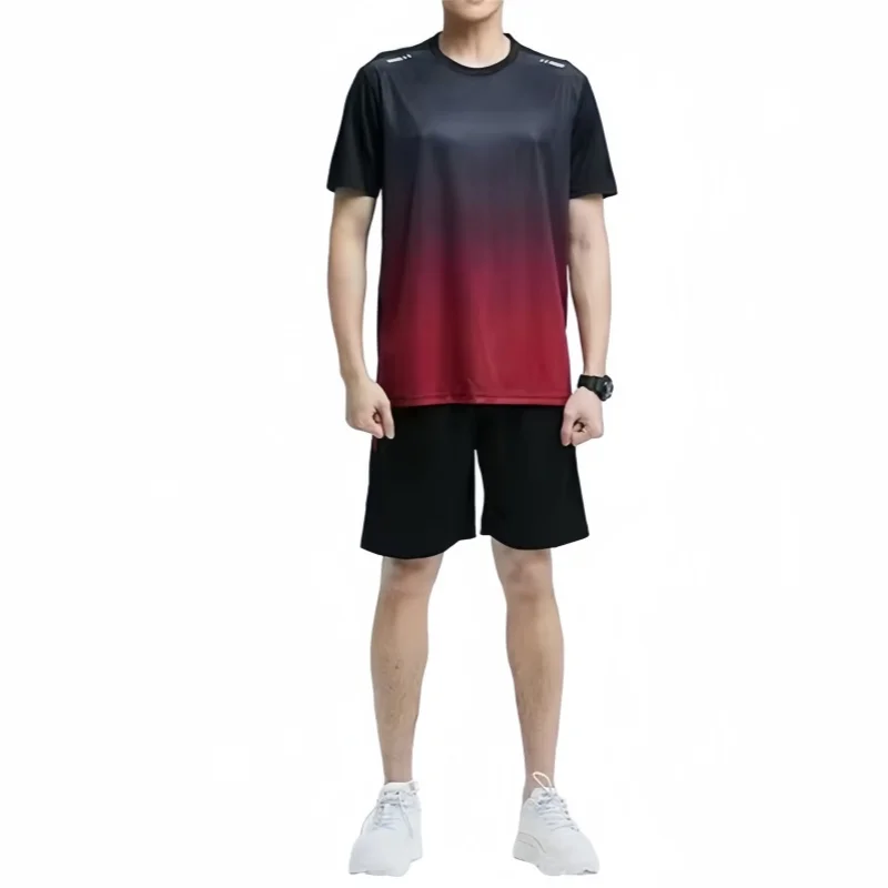 Men's Summer Gradient Color Sports Suit Thin Quick Drying Short Sleeve T-Shirt Outdoor Running Fitness Training Sportswear Set