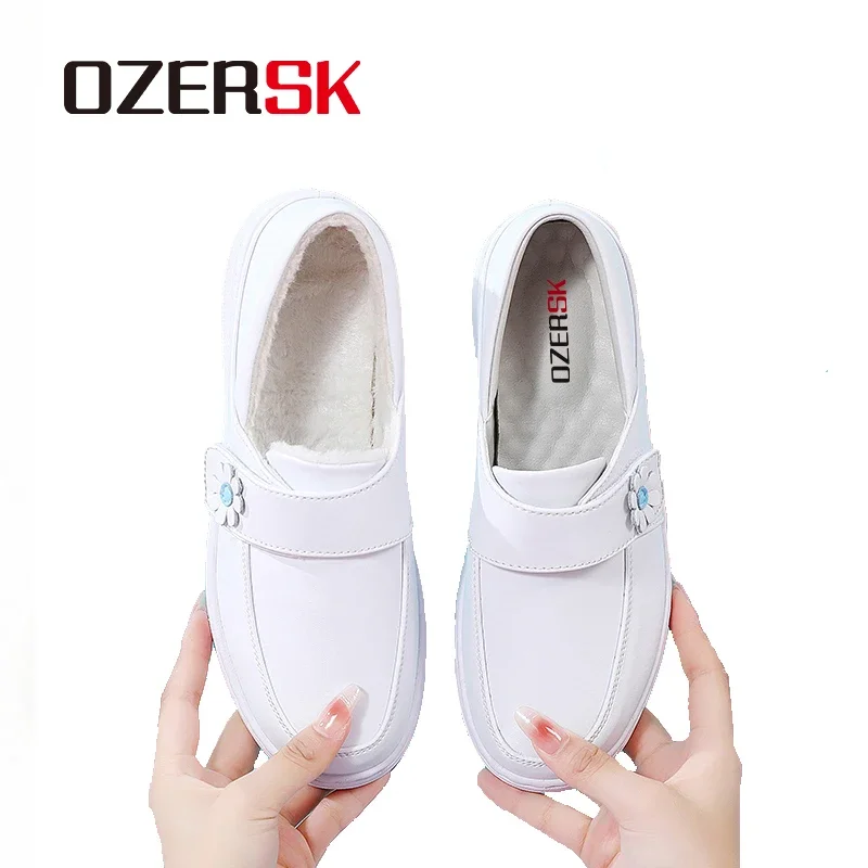 OZERSK Women Casual Shoes White Genuine Leather Plush Comfortable Soft Versatile Office Leisure Walking Nurse Work Shoes