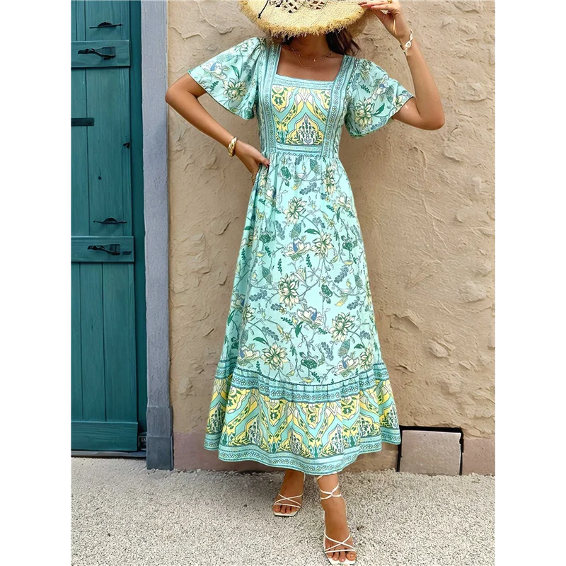 【Party-Decoration】Women's 2025 Summer Short Sleeves Boho Floral Print Tiered Casual Flowy Long Maxi Dress