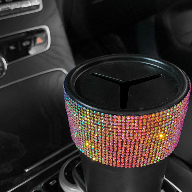 Crystal Car Trash Can with Lid Mini Auto Garbage Can Leakproof Vehicle Trash Bin Cup Holder Storage Sundries Car Accessories