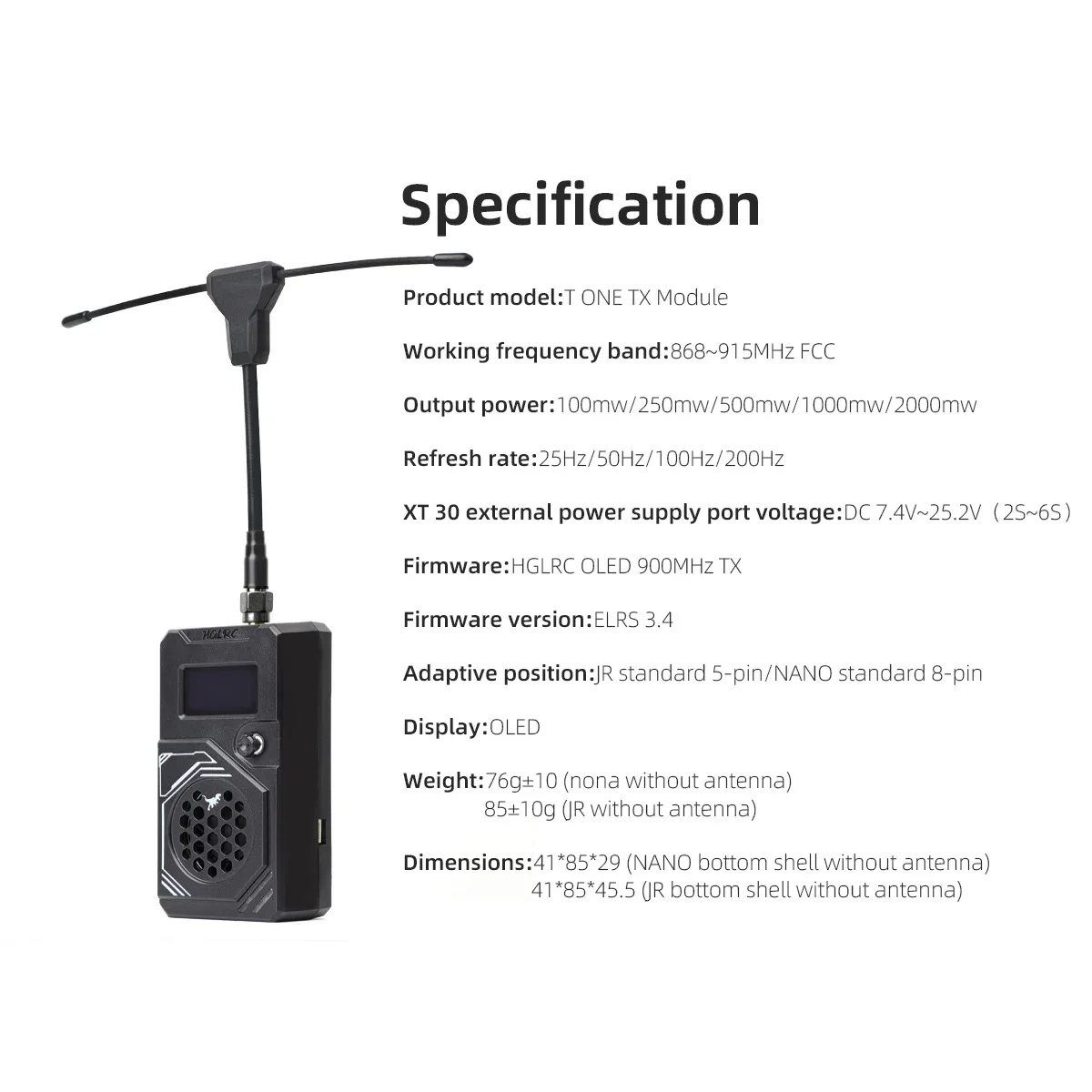 HGLRC T ONE TX โมดูล ELRS 915 Mhz 2 วัตต์ 868-915 MHz FCC 3-6 S การส่งผ่านกว้างระยะทางสําหรับ FPV Long Range Racing Drone