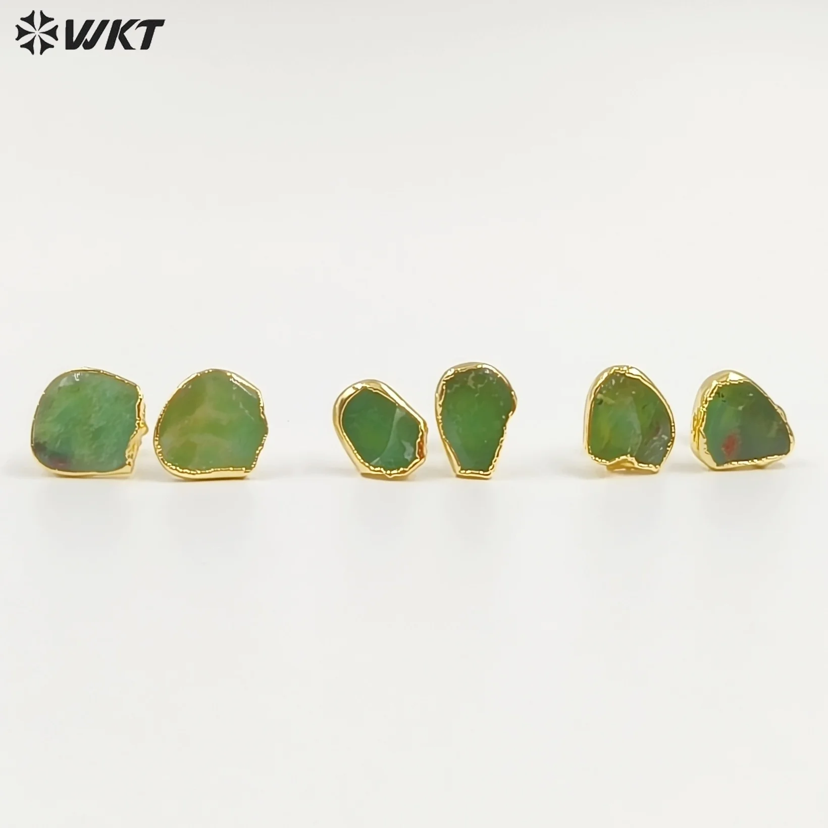 

WT-E263 BeautifuI Australia Chrysoprase Stone Ear Studs Irregular With Gold Edged 10MM Wholesale 10PCS For Birthday Gift