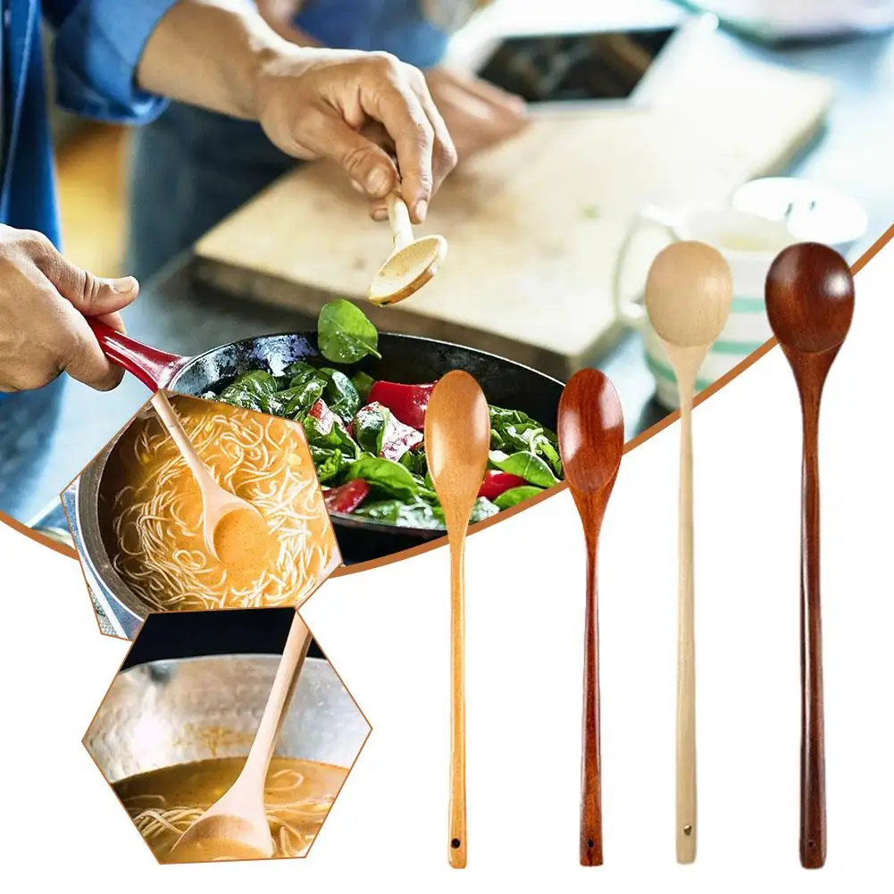 1/2/3/6pcs Wooden Spoon Long Handle Natural Wood Kitchen Utensil Salad Pasta Stirring Spoon Cooking Serving Home Chef Tools