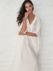 2023 Bikini Cover-ups White Sexy V-neck Kaftan Loose Dress Bohemian Maxi Dresses Women Swimsuit Cover Up Beachwear Sarong Pareo