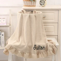 Personalized Embroidery Double-Layer Cotton Blanket with Ruffle Edge, Baby Bath Towel, Children Stroller Cover Blanket
