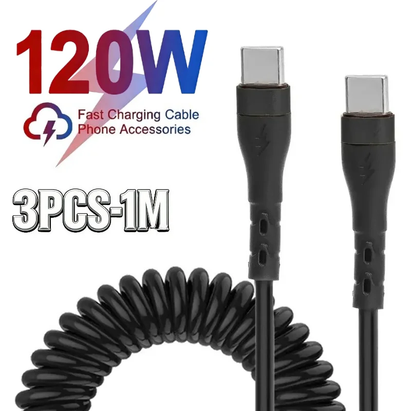 3Pcs 120W USB A To Type C Cable 5A Fast Charge USB C Spring Car Charger Cable for IPhone 15 Series Xiaomi 12 Samsung S23 Macbook